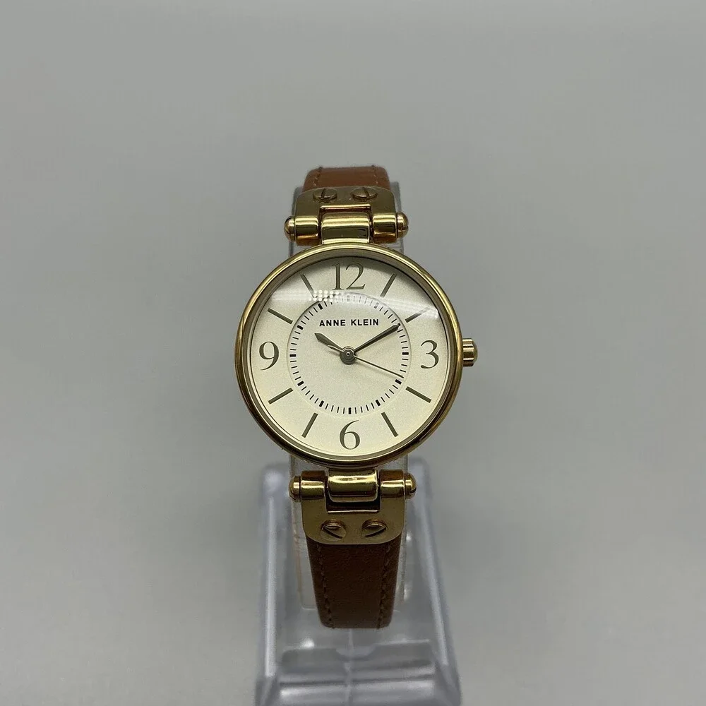 Anne Klein Womens Watch 26mm Gold Tone Champagne Dial Brown Leather New Battery